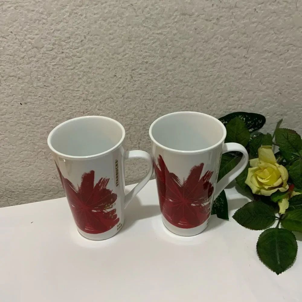 2014 STARBUCKS PAIR OF RED WHITE GOLD HOLIDAY MUGS